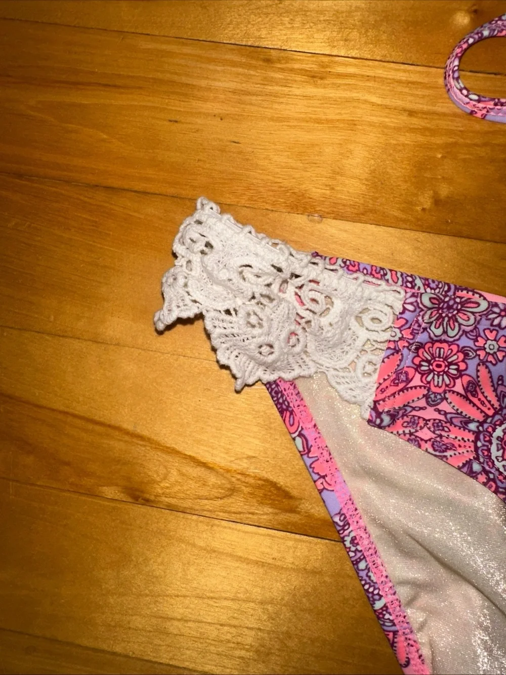 Betsey Johnson Bikini Set Medium Pink Paisley Lace Racerback Halter Swimsuit